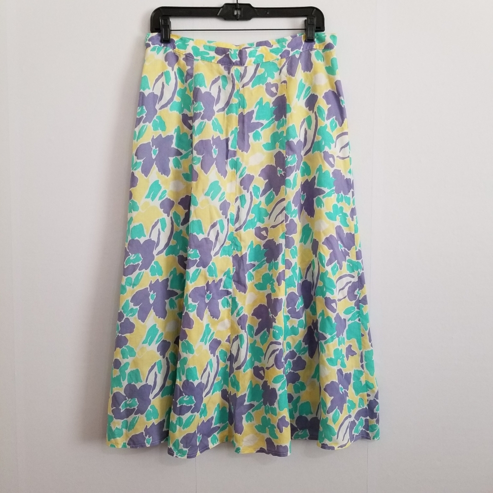 Floral Midi Skirt in Yellow, Lavender & Teal